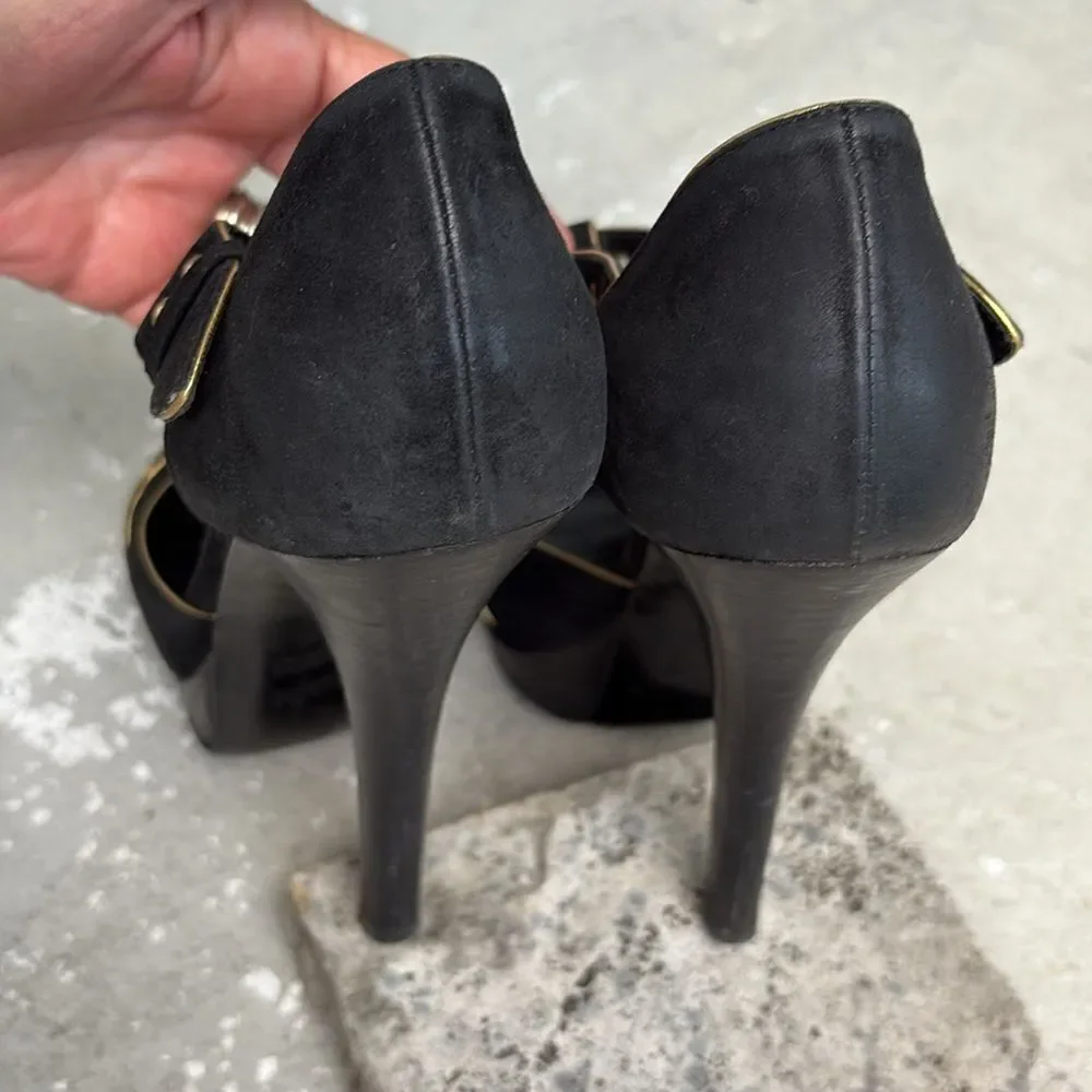 Fendi T strap suede platforms with gold grommets